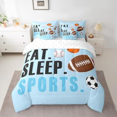 Imagem de Feelyou Conjunto de edredom esportivo tamanho solteiro, para meninos e meninas, presente para amantes de esportes, ultramacio, futebol, basquete, beisebol, respirável, leve, microfibra, bola azul