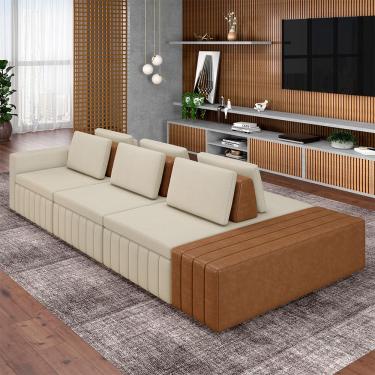 Imagem de Sofá Ilha com Encosto e Almofadas Móveis Olimpo 395cm Modulado Linho/PU Bege/Caramelo G45 - Gran Belo