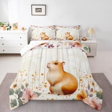 Imagem de Conjunto de edredom retrô de capivara, estampa de animais selvagens, solteiro, placa de madeira do campo vintage, para crianças, meninas, meninos, planta floral, botânica, tema de safári selvagem