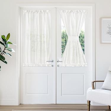 Imagem de Cortina de porta transparente de voile esmagado - Cortina curta elegante semitransparente com filtro de luz para porta deslizante de pátio, 76 x 101 cm de comprimento, 2 painéis, bege claro