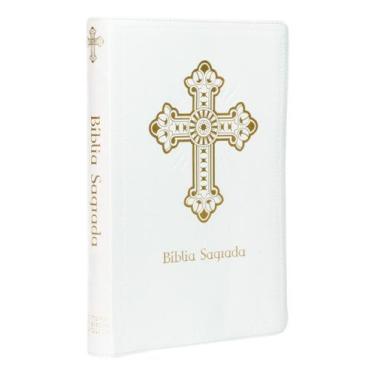 Imagem de Bíblia Sagrada Católica, Letra Grande, Cruz, Couro-soft Branca, Leitur