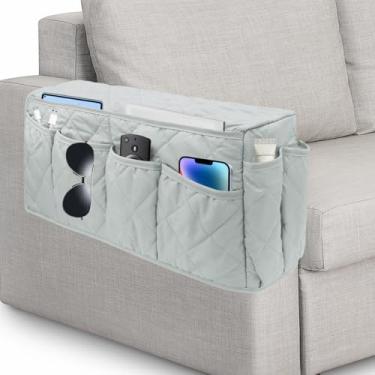 Imagem de HADEEONG Suporte de controle remoto, suporte de poltrona de cabeceira antiderrapante, organizador de apoio de braço reclinável com 14 bolsos para revistas de controle remoto de celular e TV, cinza
