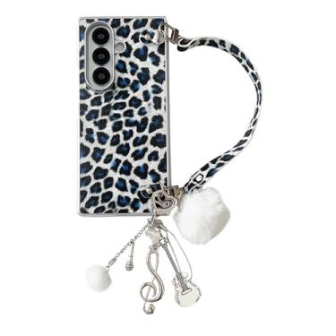 Imagem de GANGANPRO Capa de couro leopardo para Samsung Galaxy Z Fold7, capa fina à prova de choque de grau militar com pulseira de couro PU para mulheres, branca