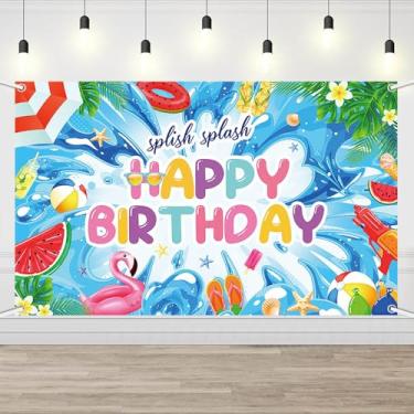 Imagem de AIBIIN Pano de fundo de aniversário de verão, salpicado, decoração de festa de feliz aniversário, faixa de verão para festa na piscina, adereços de cabine de fotos tropicais havaianas 1,8 x 1,1 m