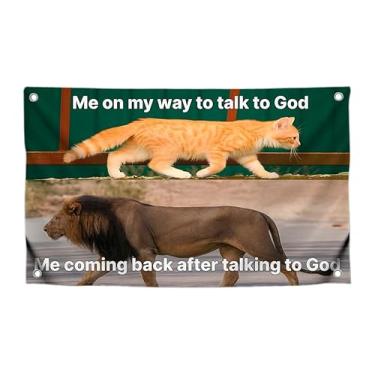 Imagem de Bandeira inspiradora de 9,5 x 1,5 m com citação "Me on My Way to Talk to God Me Coming Back After Talking to God" com quatro ilhós de latão - Banner divertido de um lado para academias - Tapeçarias de