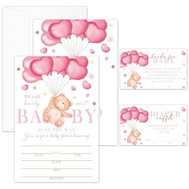 Imagem de Conjunto de convites para chá de bebê, convites de chá de bebê com balão de urso fofo para meninas, 25 convites com envelopes, cartões de solicitação de livro e ingressos de sorteio de fraldas