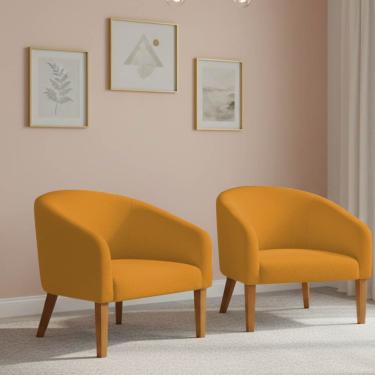 Imagem de Poltrona Sala Decorativa Kit 2 Stella Pé Madeira Trapézio Castanho Bouclê Mostarda D03 - D'rossi