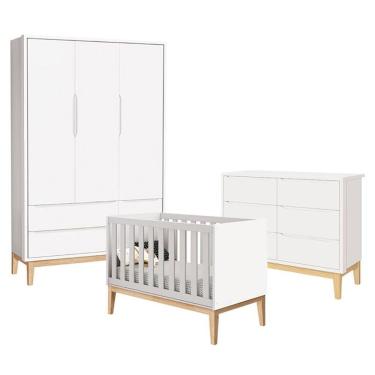 Imagem de Quarto De Bebê Classic 3 Portas E Cômoda 6 Gavetas Branco Com Pés Madeira Natural - Reller