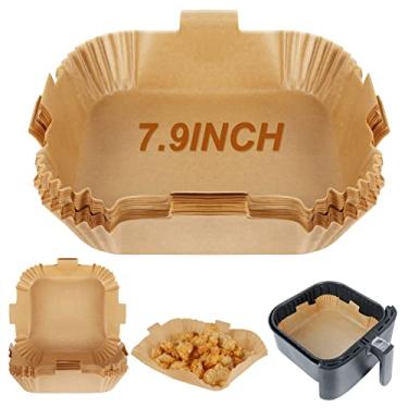 Imagem de BYKITCHEN Forro de papel de fritadeira a ar quadrado, conjunto de 50, forro de fritadeira a ar quadrada de 7,9 polegadas com lateral, acessórios de fritadeira a ar/papel grande, compatível com Corsori, Ninja, frigideira a ar Gourmia e mais