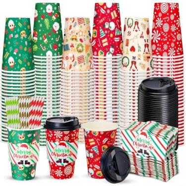 Imagem de Jingmore 120 conjuntos de copos de café de papel de Natal de 473 ml, com mangas, tampas e canudos, descartáveis com tema natalino, suco, chá, copos a granel para festas de aniversário, casamento, chá