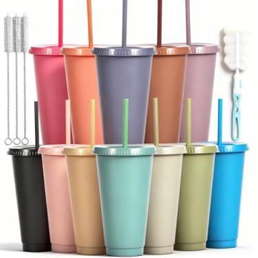 Imagem de Alohastarttg Pacote com 12 copos de plástico com tampas e canudos, copo reutilizável de 680 g, copo de café gelado, caneca de viagem, copos personalizados para festas, lembrancinhas de festa para