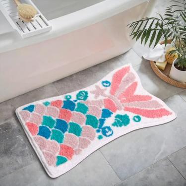 Imagem de Tapete de cauda de sereia 81,3 cm x 50,8 cm fofo de pelúcia rosa oceano escamas de sereia tapete de touchdown para sala de jogos infantil tapete decorativo para quarto de banho tapete de porta