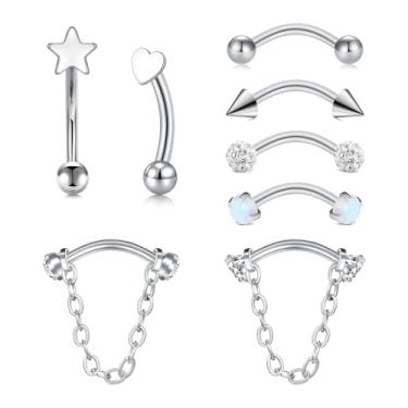 Imagem de VCMART Piercing de sobrancelha, anéis de sobrancelha, 16G, barra curvada, Daith, torre, brincos, cartilagem, lábio, barriga, hélice, concha, piercing, tragus, brincos para mulheres e homens