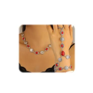 Imagem de ZMJK Conjunto de joias boêmias para mulheres, retrô, turquesa, ocidental, vintage, turquesa, prata, colar, pulseira e anel, corrente de mão, ajustável, estilo étnico, joias para presente, Adjustable