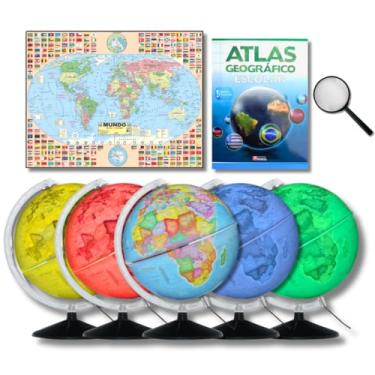 Imagem de GLOBO TERRESTRE POLÍTICO LUMINOSO MULTICOLOR 30CM + ATLAS GEOGRÁFICO + MAPA MUNDI + LUPA