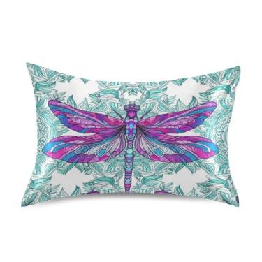Imagem de Fronhas de cetim fofas vibrantes libélulas roxas verdes padrão Queen King fronha personalizada capa de cama refrescante tamanho padrão 66 cm x 50 cm