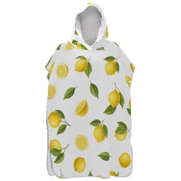 Imagem de Joisal Poncho de surfe branco com limões amarelos e folhas verdes para trocador de roupas de banho de praia com capuz poncho adulto unissex com capuz