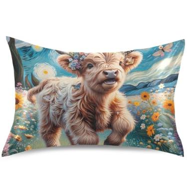 Imagem de Starry Night Highland Cow Cute Satin Pillow Case Cooling Pillow Slips King Queen Standard Pillow Slip Fun Print Comfort Soft Bed Pillow, King Size, 101,6 cm x 50,8 cm