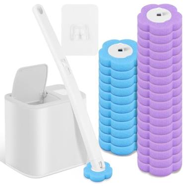 Imagem de KHZSPP Kit de limpeza de vaso sanitário descartável, conjunto de escova de vaso sanitário e suporte de parede com alça alongada e 30 refis de vaso sanitário para banheiro, abertura automática de tampa