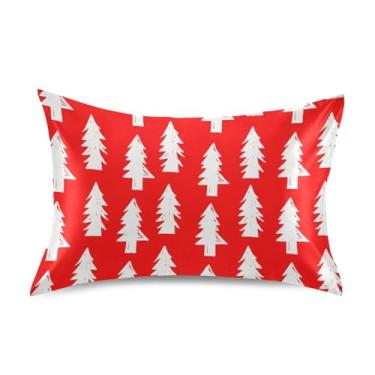 Imagem de Árvores de Natal brancas vermelhas rei queen padrão fronhas de cetim fronhas de travesseiro bonito refrescante estética tamanho king 101,6 cm x 50,8 cm