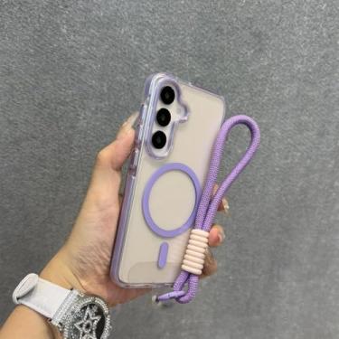 Imagem de Capa transparente com alça de pulso magnética para carregamento, compatível com Samsung A56, A36, A25, A05, A15 e Galaxy S24 Ultra e S25 Plus. Cor: Roxa GS. Também compatível com Galaxy A26 5G.