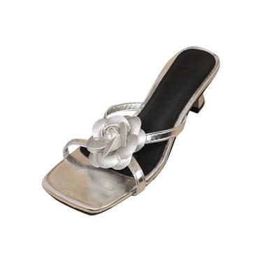Imagem de Salto alto floral de bico aberto feminino, vários tamanhos, com material PU de salto fino, Prata, 38