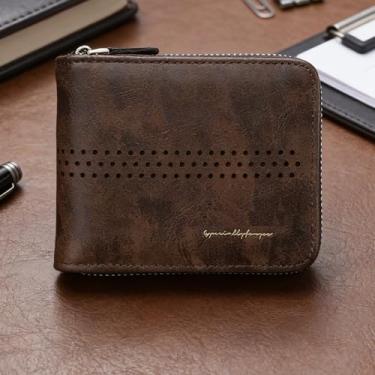 Imagem de Carteira masculina Business marrom escuro com estampa de tecido de couro genuíno resistente à água, design compacto marrom escuro com fivela, padrão de tecido