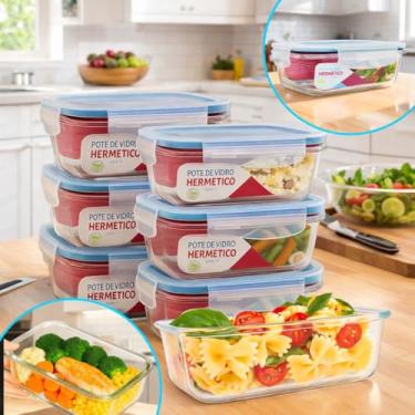 Imagem de Kit 6 Potes de Vidro 640ml Hermético com Tampa 4 Travas – Borossilicato, Marmita Fit, Freezer e Micro-ondas