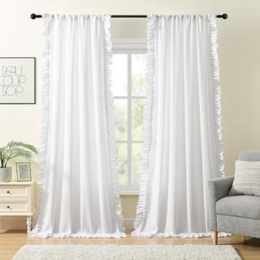 Imagem de Cortinas brancas para casa de fazenda, 2 painéis, L 129 x 246 cm, cortinas brancas com babados boêmios texturizados de linho para sala de estar, bolso de haste, privacidade, filtragem de luz