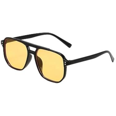 Imagem de Óculos de sol quadrados vintage para homens e mulheres – Óculos de sol grandes UV400 com lentes pretas, óculos de sol unissex retrô, Amarelo