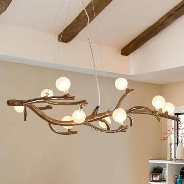 Imagem de Lustre rústico de 8 lâmpadas com galhos de árvore para sala de jantar, luminária pendente estilo fazenda, lâmpada vintage de resina para ilha de cozinha, restaurante, sala de estar, bar e ca