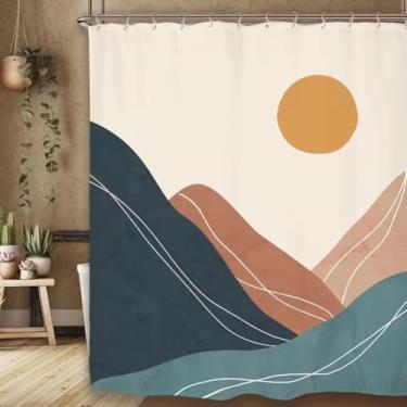 Imagem de Conjunto de cortina de chuveiro abstrata montanha boho meados do século minimalista pôr do sol paisagem natural cortina de banheiro impermeável 140 x 214 cm/LxA cortina de chuveiro de tecido