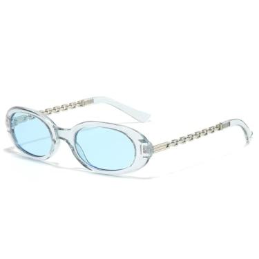Imagem de Óculos de Sol Femininos Ovais Pequenos com Estampa de Leopardo Retrô, Hastes com Corrente, Estilo Moderno e Proteção UV400 (Azul Cinza)
