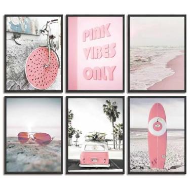 Imagem de 6 peças de arte de parede em tela de neta costeira rosa fresco oceano prancha de surfe impressões pinturas verão praia surfe decoração de parede fotos para sala de estar quarto banheiro decoração de