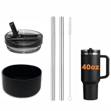 Imagem de 1 peça de substituição de tampa à prova de vazamento compatível com Stanley Quencher e Protour copo de 1,134 g, com bota de silicone adequada para copos Stanley de 1,134 g com 2 canudo de metal e 1