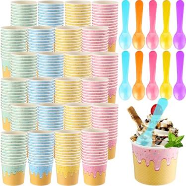 Imagem de Ninehaoou Pacote com 200 copos de sorvete com colheres copos de sobremesa de papel tigelas coloridas de sudae recipientes de sorvete descartáveis para sopa quente primavera verão formatura bar