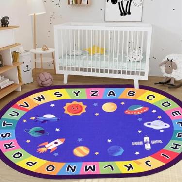 Imagem de USTIDE Tapete oval educativo infantil 10 x 15 cm, alfabeto ABC, planeta, divertido, sala de aula, antiderrapante, tapete de área de aprendizagem, para decoração de quarto de jogos