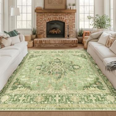 Imagem de RELEANY Tapete quadrado quadrado de 2,4 m, lavável, antiderrapante, floral, vintage, estampado, medalhão para sala de estar, quarto, sala de jantar, verde sálvia, amarelo