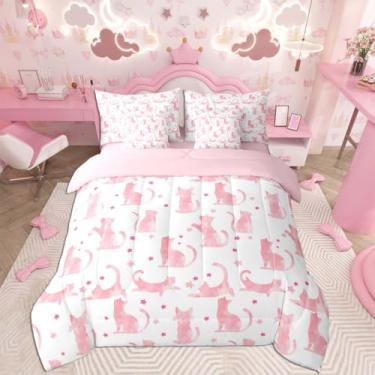 Imagem de Feelyou Conjunto de edredom de gato com 7 peças, solteiro, estampa de estrelas, gatos, crianças, meninos, meninas, decoração de quarto de animais, presente para amantes de gatos, rosa e branco