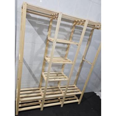 Imagem de Arara de Madeira Pinus com Três Níveis, Natural, 170x120x31 cm, 4 Prateleiras, Organizador de Roupas Moderno para Quarto e Closet