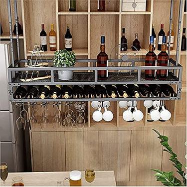Imagem de Rack de vinho industrial vintage metal rack de vinho suporte de taça ajustável em altura suporte de garrafa de vinho para restaurantes/bares/prateleira decorativa de flores para teto doméstico (60 cm)