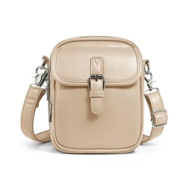 Imagem de Unilily Bolsa tiracolo feminina estilo carteiro vintage, bolsa de ombro de couro vegano, carteira de viagem com compartimentos para cartões, Bege-pequeno, Small