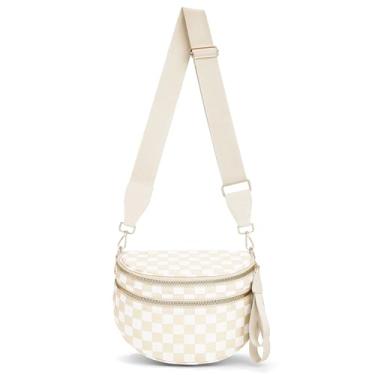 Imagem de Lushandy Bolsas de bumbum para mulheres, bolsa transversal quadriculada de nylon bolsa transversal leve pochete grande bolsa de cinto para viagens, bege, M