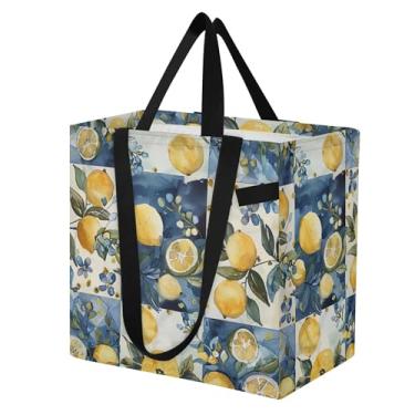 Imagem de SEHANY Sacolas de compras reutilizáveis de verão limão com alças reforçadas, bolsa de compras de lona dobrável à prova d'água de grande capacidade para viagem, cozinha, praia