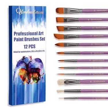 Imagem de Qlmhudaim 12 pincéis de pintura multimídia, cerdas sintéticas profissionais para aquarela, acrílico, óleo, guache, tinta | Diversas formas para técnicas de gama completa, para artistas e iniciantes