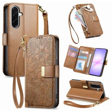 Imagem de Niuuro Capa carteira para Samsung Galaxy A57 5G, suporte de cartão embutido (8 a 10 cartões), bolso com zíper, alça de pulso, suporte de suporte, capa protetora de couro PU floral feminina, marrom