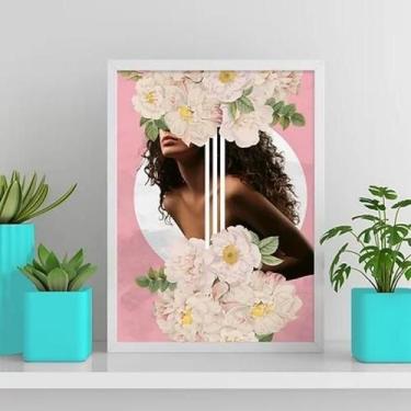 Imagem de Quadro Mulher Morena Flores Rosa 33X24Cm - Com Vidro - Quadros On-Line