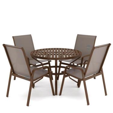 Imagem de Mesa 4 cadeiras Ripado Piscina Alumínio Marrom e Tela Fendi - Aluv Móv