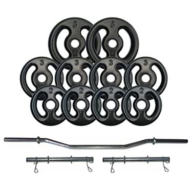 Imagem de Kit Anilhas Emborrachadas 30kg (Preta) + 2 Barras 40cm + Barra W