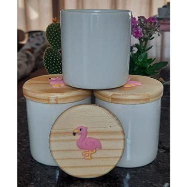 Imagem de Kit higiene bebê Flamingos 3 potes Porcelana Tampa Pinus